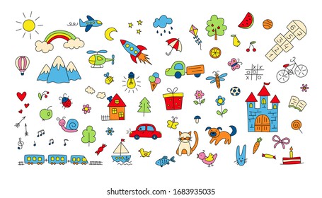 Big set of children drawings. Hand drawn kid doodle. Sun and rainbow over the mountains, knight castle, train and plane and other objects. Colorful vector illustration