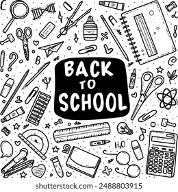 Big set of children school elements isolated on white background. Magnifying glass, ruler, glue, paper clip, scissors, notebook, eraser, pen, pencil, marker, paint, test tube, glasses, calculator.
