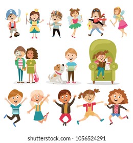 big set of children's characters. student of the school. pirate, Indian, fairy fairy, princess, pilot. the boy is walking with a dog. the girl is reading a book. vector