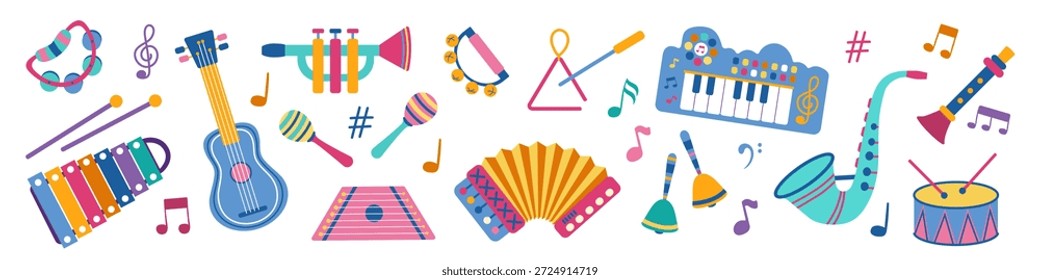 Grande conjunto de instrumentos musicais infantis. Ilustração vetorial de brinquedos musicais guitarra, piano, xilofone, maracas, flauta, saxofone, sinos.