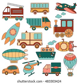 Big set of children's transport. Isolated hand drawn transport set. Vector illustration.