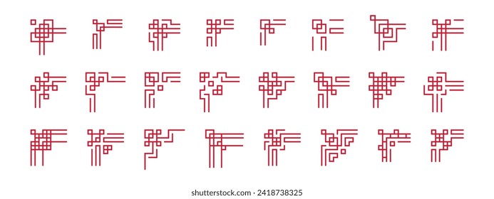 Big Set of Chinese frame corners. Traditional Asian pattern. Red vector illustration isolated on white background. Japanese, Korean and Chinese