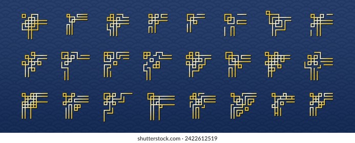 Big Set of Chinese frame corners. Traditional Asian pattern. Gold vector illustration isolated on blue background. Japanese, Korean and Chinese