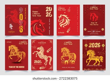 Grande conjunto de cartões de saudação do Ano Novo Chinês 2026 nas cores vermelha e dourada. Cartaz com símbolo do zodíaco do cavalo e elementos asiáticos tradicionais como lanterna e modelo do ano do cavalo de 2026.Tradução: Ano Novo Chinês