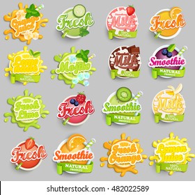 Big set of chocolate, banana, strawberry milk, orange, lemon, lime juece,smoothie and fresh labels splash. Lettering, splash and blot design, shape creative vector illustration.