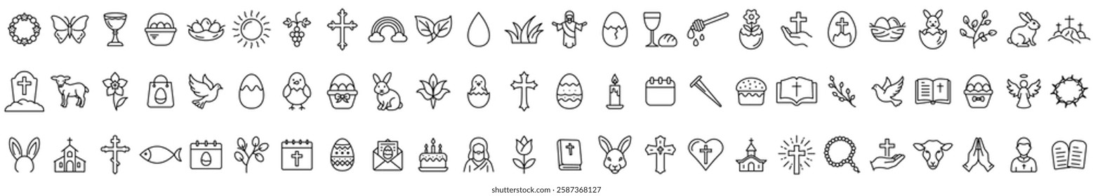 Big set of Christian line icons. Easter icons. Editable stroke. Vector illustration