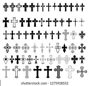 Big set of christian orthodoxy crosses in different styles and shapes isolated on white background.