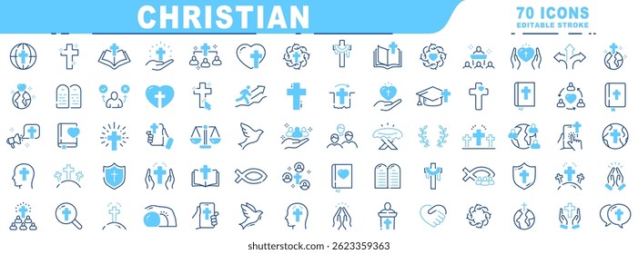 Big set of christian related filled line icon set. Cross, bible, christmas, easter, dove etc. Editable stroke