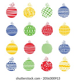 big set of christmas balls flat minimalistic style. transparent pattern. zigzig, points, lines, waves, trees, snowflakes