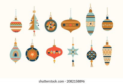 Big set Christmas balls in Scandinavian style.Hand drawn christmas baubles.Xmas isolated cozy decor elements on white background.Template for invitation,greetings,design,print,web.Vector illustration.