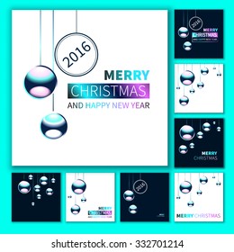 Big set of Christmas cards. Christmas background with chrome metal balls. Happy New year and Merry Christmas. 2016