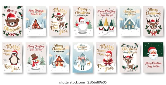 Big set of Christmas cards with cute winter characters. Golden lettering. Childish greeting card collection. New year invitation, banner