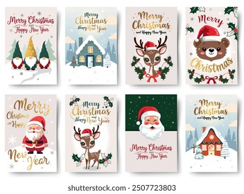 Big set of Christmas cards with winter characters. Golden lettering, scandinavian houses. Childish greeting card collection.