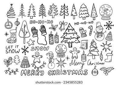 Big set of Christmas clipart in doodle style. Cute illustration for design, greeting card, decoration, textile. Hand drawn. Vector illustration EPS10. Isolated on white. Winter.
