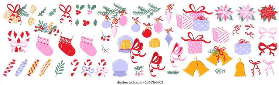 Big set of Christmas clipart elements. Collection of Christmas illustrations in cartoon style isolated on white background