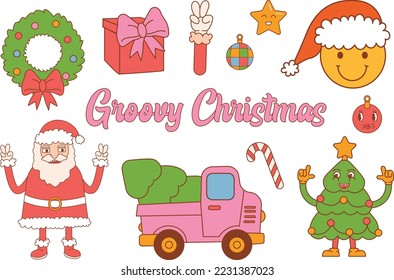 Big set of Christmas clipart in groovy style.