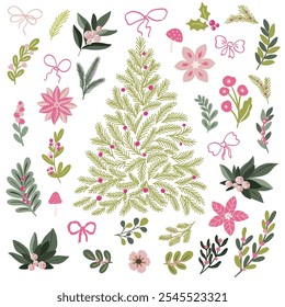 Big set of Christmas clipart and vector elements in cute children modern scandinavian style, candy pink and traditional green tree, floral decorations, ribbons, bows, christmas florals. 