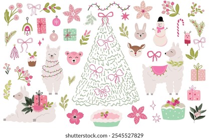 Big set of Christmas clipart and vector elements in cute children modern scandinavian style, candy pink and traditional green floral decorations, ribbons, bows, christmas florals, xmas llama. 