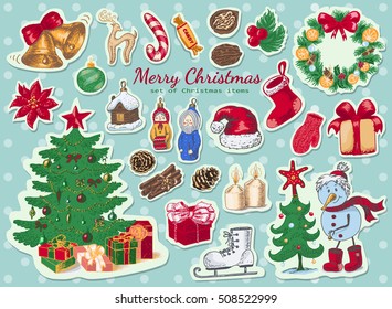 Big set of Christmas colored stickers. Vector illustration for your design