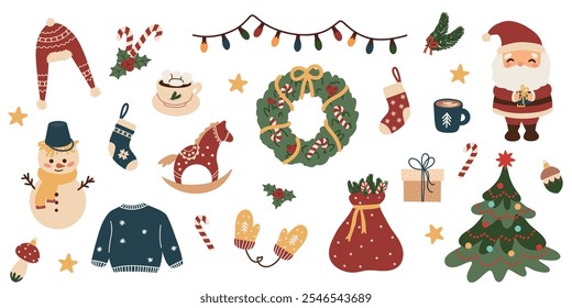 Big set of Christmas cute design elements. Cozy winter decor for decoration, poster, stickers. Christmas tree, snowman, Santa, gifts. Hand drawn color flat isolated elements on white background.