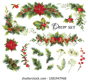 Big set with Christmas decor elements for your design. Garland fective set. Vector illustration.