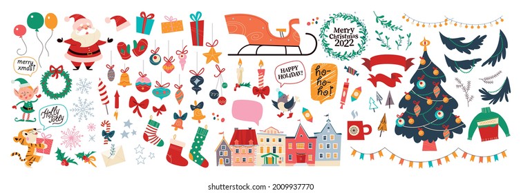 Big set of Christmas decor elements and characters isolated. Santa Claus, elf, winter city houses, gifts, sleigh, fir tree etc. Vector flat cartoon illustration. For Xmas card, banner, print, pattern.