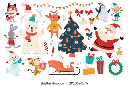 Big set of Christmas decor elements and characters isolated. Santa Claus, elf, bear, gifts, sleigh, fir tree etc. Vector flat cartoon illustration. For Xmas card, banner, print, pattern, packaging.