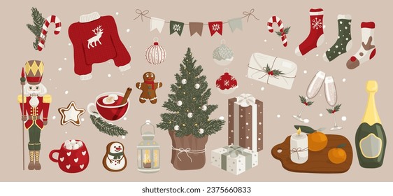 Big set of Christmas decor elements and characters isolated. Sweater deer, envelope, gifts, champagne, fir tree etc. Vector flat cartoon illustration. For Xmas card, banner, print, pattern, packaging