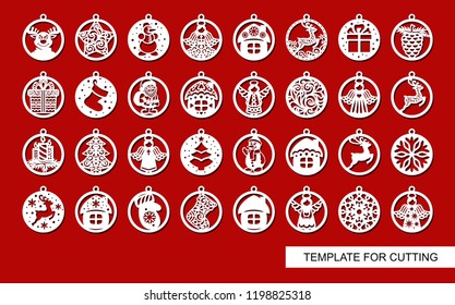 Big set of Christmas decorations - balls with a Santa Claus, deer, snowflake, candle, angel, snowman, gift, sock, Christmas tree, house. Template for laser cut. New Year theme. Vector illustration.
