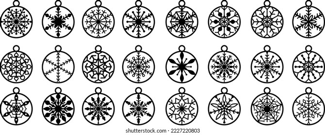 Big set of Christmas decorations - balls with a Santa Claus, deer, snowflake, candle, angel, snowman, gift, sock, Christmas tree, house. Template for laser cut. New Year theme. Vector illustration.
