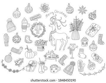 Big set with Christmas decorations in doodle sketch style. Cute baubles, garland, gingerbread, socks, mittens, hat, deer, wreath, mugs. Hand drawn vector illustration isolated on white. Black outline.