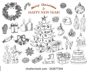 Big set of Christmas decorations in sketch style. Christmas tree, gifts, wreath, snowman, Christmas toys, balls and more. Vector illustration for your design