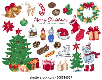 Big set of Christmas decorations in sketch style. Vector illustration for your design