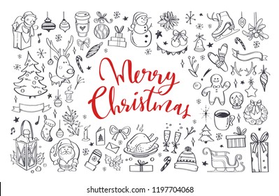 Big set of Christmas design doodle elements. Vector hand drawn . Isolated objects