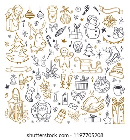 Big set of Christmas design doodle elements. Vector hand drawn . Isolated objects
