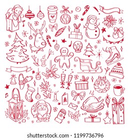 Big set of Christmas design doodle elements. Vector hand drawn . Isolated objects
