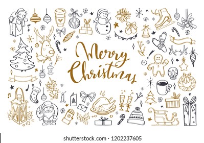 Big set of Christmas design doodle elements. Vector hand drawn . Isolated objects