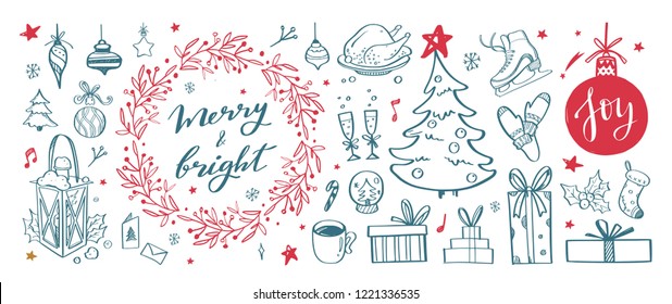 Big set of Christmas design doodle elements with Merry Christmas and New Year Lettering