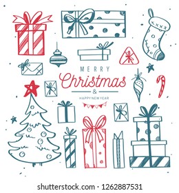Big set of Christmas design doodle elements with Merry Christmas and New Year Lettering