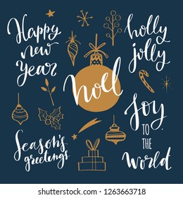 Big set of Christmas design doodle elements with Merry Christmas and New Year Lettering