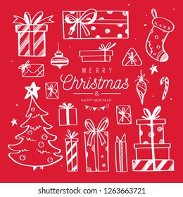 Big set of Christmas design doodle elements with Merry Christmas and New Year Lettering