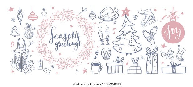 Big set of Christmas design doodle elements with Merry Christmas and New Year Lettering. Season greetings typography poster, banner