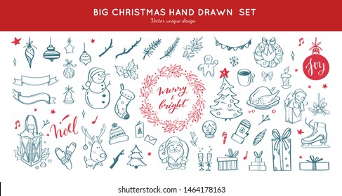 Big set of Christmas design doodle elements with Merry Christmas and New Year Lettering