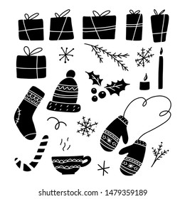 Big set of Christmas design doodle elements. Vector hand drawn illustration. Isolated objects. black and white color.