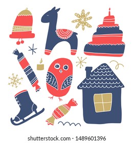 Big set of Christmas design doodle elements. Vector hand drawn illustration. Isolated objects.