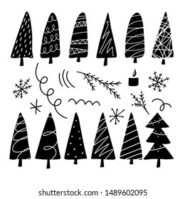 Big set of Christmas design doodle elements. Vector hand drawn illustration. Isolated objects.
