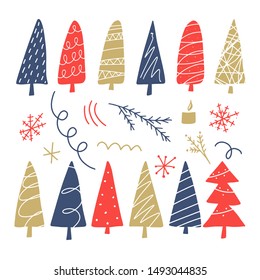 Big set of Christmas design doodle element. Isolated objects. Christmas trees. hand draw vector illustration.