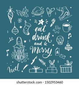 Big set of Christmas design doodle elements with Merry Christmas and New Year Lettering