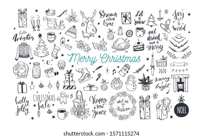 Big set of Christmas design doodle elements. Vector hand drawn . Isolated objects