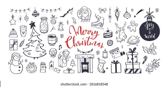 Big set of Christmas design doodle elements. Vector hand drawn lettering, calligraphy . Isolated objects